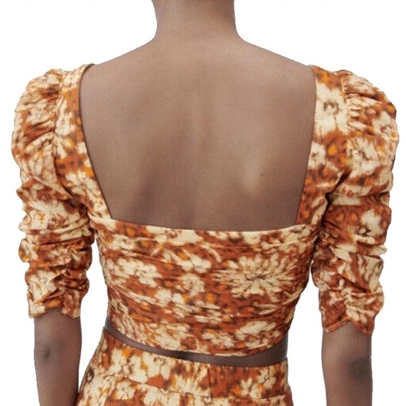 Zara Crop Top Blouse Sweetheart Neck Floral Pleated Bodice Ruched Sleeve NWOT - Picture 6 of 16